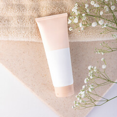 A beautiful still life composition featuring cosmetic products setting with a  background