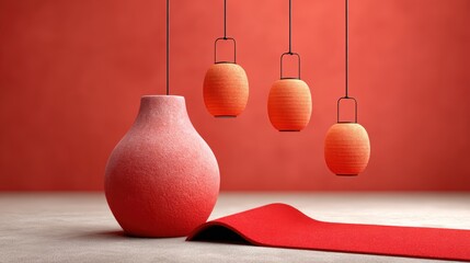 A contemporary still life featuring a textured vase and three hanging lanterns against a warm backdrop, ideal for cultural, festive, or interior design themes, Perfect for decor and celebration needs
