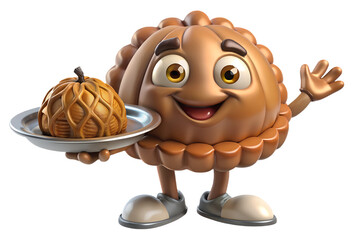Obraz premium Cartoon pie character holding a smaller pie on a plate with a welcoming gesture and smiling face on transparent background