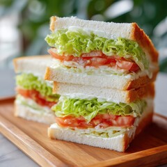 Club sandwich with lettuce tomato and turkey slices on wooden tray near window light Concept of healthy lunch and casual dining