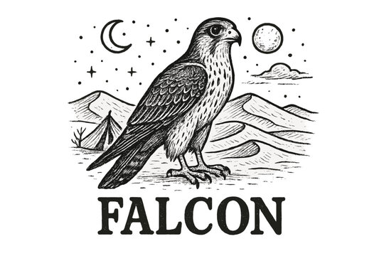 Desert Falcon Art. Hand-drawn desert falcon with tents, moons, and dunes, center word “Falcon” in black and white isolated