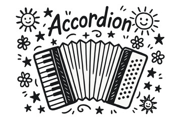 Celestial Accordion Doodle. Doodle accordion with stars, suns, and flowers, center word &ldquo;Accordion&rdquo; in black and white isolated