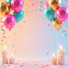 Vibrant, faceted balloons in pink, blue, and gold float amidst confetti and ribbons, accompanied by lit candles on a pastel-hued background transitioning from peach to blue.