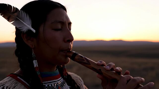 native american woman playing traditional wooden flute with intricate carvings and beaded bracelet, set against natural background. heritage, music, and cultural expression