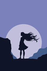 Naklejka premium Minimalist illustration of a girl standing on a cliff under the moonlight, her hair flowing in the wind. Symbol of freedom, solitude, and emotional connection with nature.