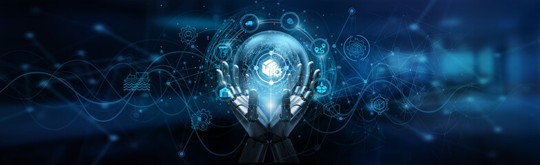 Hand of robot holding supply chain management platform optimizing logistics, automation, real-time inventory tracking, predictive analytics, and efficient distribution across global networks.