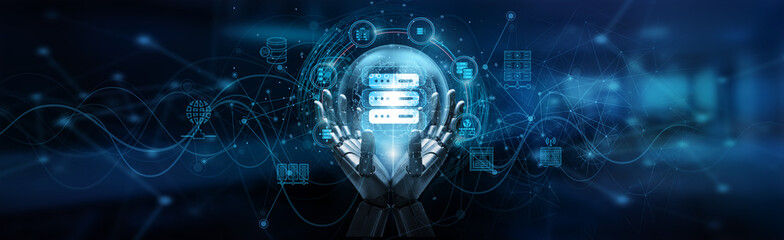 Hand of robot holding hosting infrastructure secure servers, cloud management, website deployment, and performance optimization, ensuring continuous online accessibility and digital reliability.