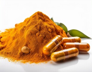 turmeric root powder and capsules isolated on a white background
