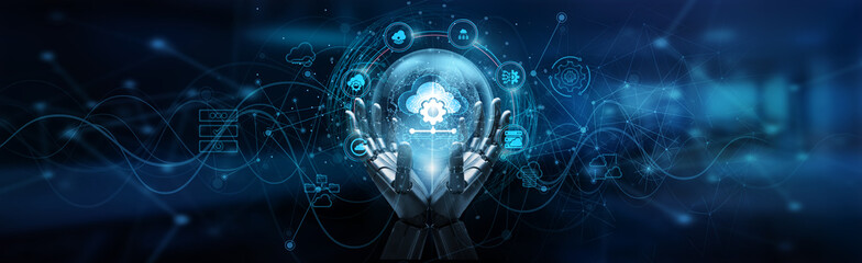 Hand of robot holding platform as a service infrastructure enabling developers to build, deploy, and manage applications efficiently, fostering scalability, innovation, and cloud collaboration.