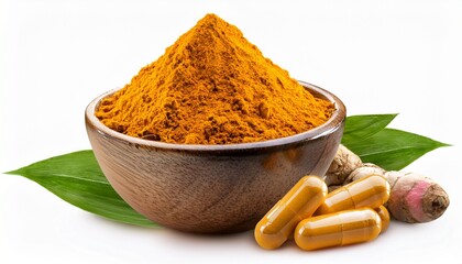 turmeric powder bowl with root capsules and leaves isolated on a white background