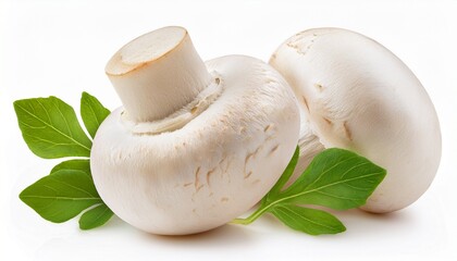 white button mushrooms with green leaves isolated on a white background
