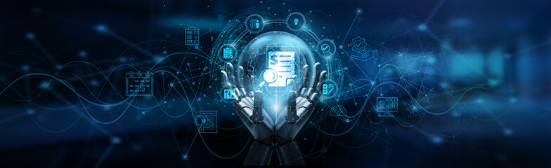 Hand of robot holding audit compliance report ensuring transparency, risk management, financial integrity, automation accuracy, and secure data verification in corporate governance.