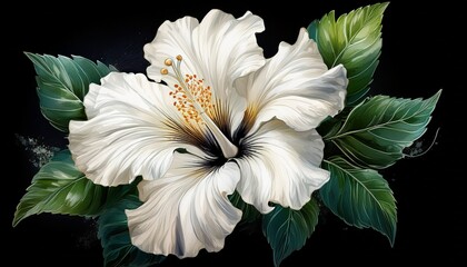 white hibiscus flower with green leaves isolated on black isolated on a white background