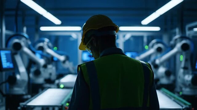 Professional quality control inspector wearing hard hat and safety vest in automated robotics manufacturing facility, footage.