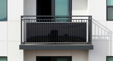 Direct view of black glossy solar panel with vertical lines on balcony of white apartment building