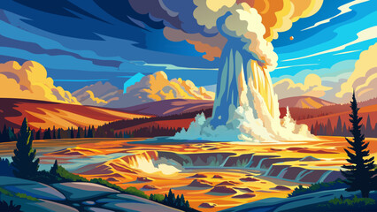 Very beautiful eruption of Old Faithful geyser in Yellowstone National Park, USA, with hot water, steam, and mineral deposits creating a breathtaking geothermal natural wonder.
