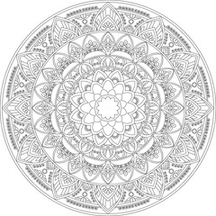 Black and white mandala line art, detailed circular floral pattern for coloring pages, meditation art, tattoo design, yoga decor, and ornamental geometric background, vector illustration.