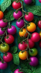 Vibrant colorful heart-shaped fruits growing among lush green leaves Concept of fantasy nature and surreal beauty