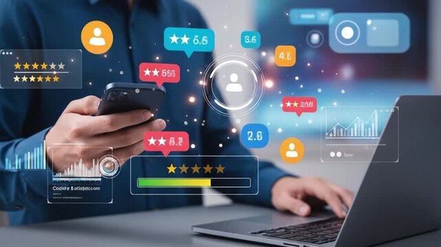 Engaging customer experience review on mobile and laptop screens showing ratings and stats for business growth, a dynamic digital marketing video - Powered by Adobe