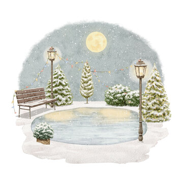 Vintage cartoon Christmas composition winter night landscape with ice rink, street lights,  fir trees, bench and moon isolated on white background. Watercolor and pencil hand drawn illustration sketch