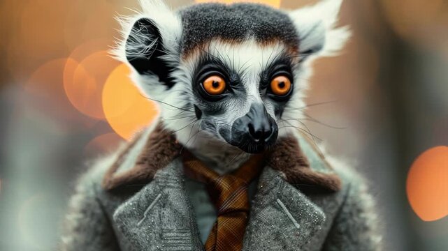 A lemur wearing a suit and tie. The lemur has a tie around its neck. The suit is gray and the tie is orange