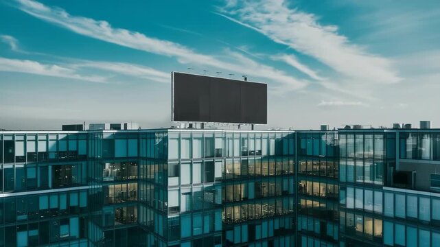 Office building with a blank billboard on the roof against a cloudy sky