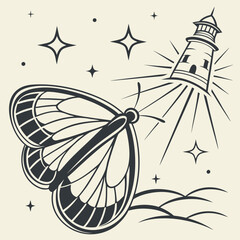 Butterfly and Lighthouse Vintage Nautical Night Art
