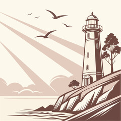 Vintage Lighthouse Illustration with Seagull and Ocean Sunset