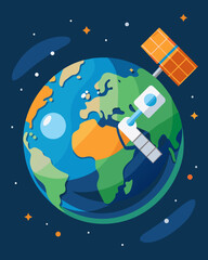 Naklejka premium A solarpowered satellite floating in orbit monitoring global changes in sea levels and tracking the movements of endangered sea creatures.. Vector illustration