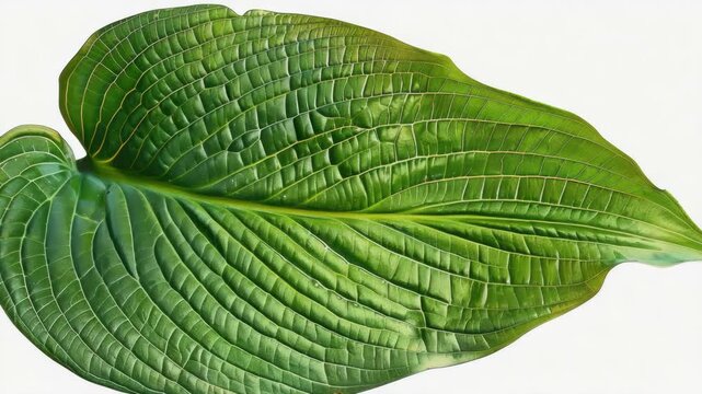A single vibrant green leaf with detailed veining and textures, isolated on a plain white surface.