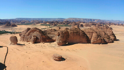 Majestic rock formations in AlUla, Saudi Arabia, captured on January 30, 2024. The vast desert...