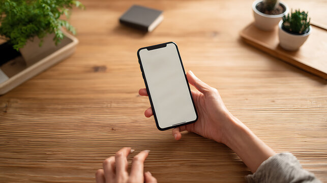 Person holding smartphone with financial transaction screen open. Mobile banking, digital finance and online payments in clean workspace setting
