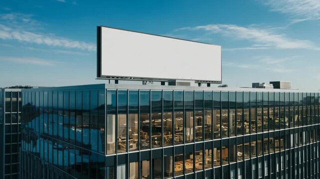 Modern office building with blank billboard on the roof against a blue sky