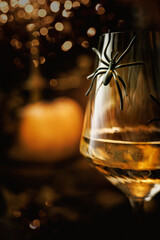 Macro close-up of plastic spider on wine glass with sparkling white wine in Halloween-themed scene
