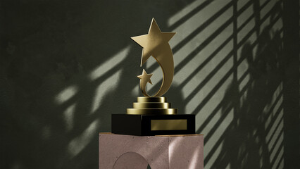 A 3D-rendered golden trophy shaped like a rising star placed on a minimalist pedestal with artistic shadows on the wall. The composition reflects achievement, excellence, and creative success 