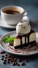 Scoop of vanilla ice cream with chocolate drizzle served with espresso coffee and mint leaf on elegant table Concept of cafe dessert and coffee pairing experience