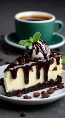 Slice of cheesecake with chocolate syrup mint garnish and coffee cup on blurred cafe background Concept of sweet treat and cozy coffee break