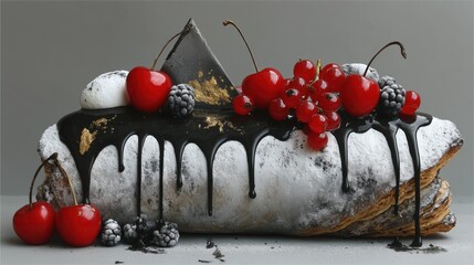 Chocolate glazed puff pastry roll topped with fresh cherries and powdered sugar on gray background Concept of luxury dessert and indulgent sweetness