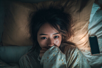 Young woman suffering from insomnia lying in bed at night