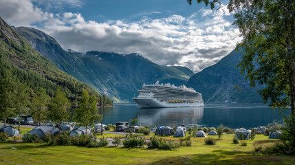 Cruise ship docked in scenic fjord