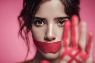 Woman silencing, protesting violence against women