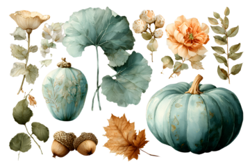 Beautiful watercolor fall illustration featuring pumpkins, leaves, and autumn elements. Perfect for seasonal designs and decorations.