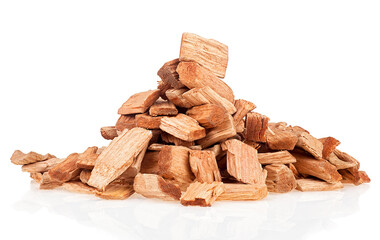 Pile of wood chips for smoking meat and fish isolated on a white background. Apple tree.