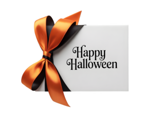 Modern white Halloween card with black and orange satin ribbon bow, diagonal ribbon corner, and elegant “Happy Halloween” typography — clean, festive digital art.
