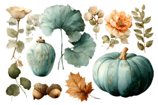 Beautiful watercolor fall illustration featuring pumpkins, leaves, and autumn elements. Perfect for seasonal designs and decorations.