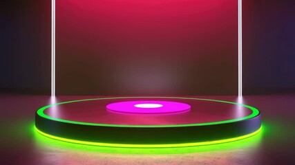 A contemporary art gallery illuminated by vibrant neon pink and yellow lights, creating a captivating ambiance.