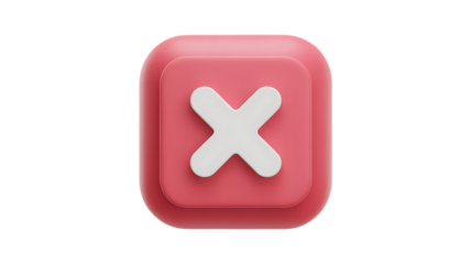 3d render of a red square button with a white cross mark isolated on transparent background, representing cancellation, rejection, or error in a modern design