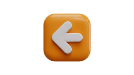 Orange square button with a white arrow pointing left isolated on transparent background, symbolizing direction, navigation, or a back function in a digital interface