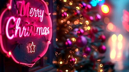 Vibrant neon pink merry christmas sign glowing brightly in front of a blurred christmas tree with colorful bokeh lights, evoking holiday cheer 4k video - Powered by Adobe