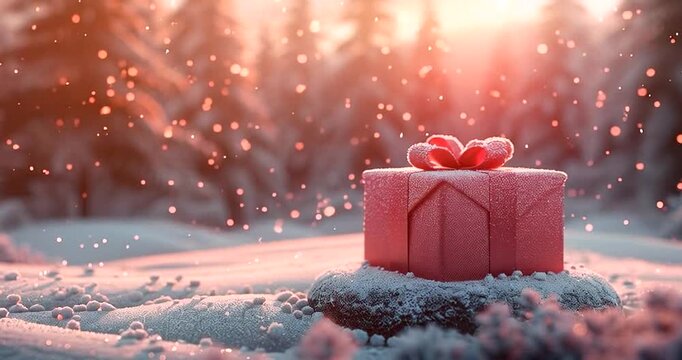 A single pink christmas gift box with a red ribbon sits on a snowy surface, surrounded by falling snowflakes and a soft, glowing background 4k video